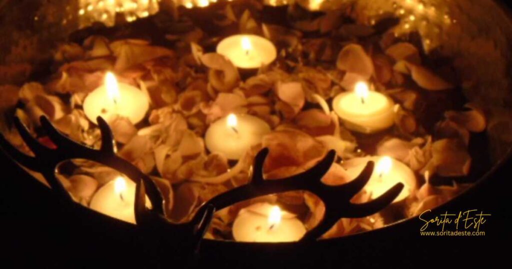 an offering bowl with candles 